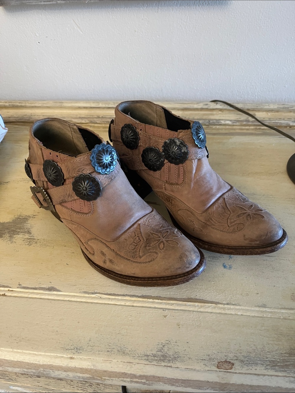 Freebird by Steven Dusty Taupe Western Ankle Booties with Concho Strap